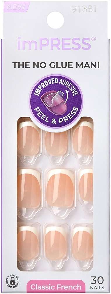 Kiss Impress No Glue Mani Press On Nails, Model, Classic French Manicure Kit, 30 Light Neutral + White Tip, Short Squoval, With IMPROVED Adhesive, Includes Prep Pad, Manicure Stick & Mini File - Image 1
