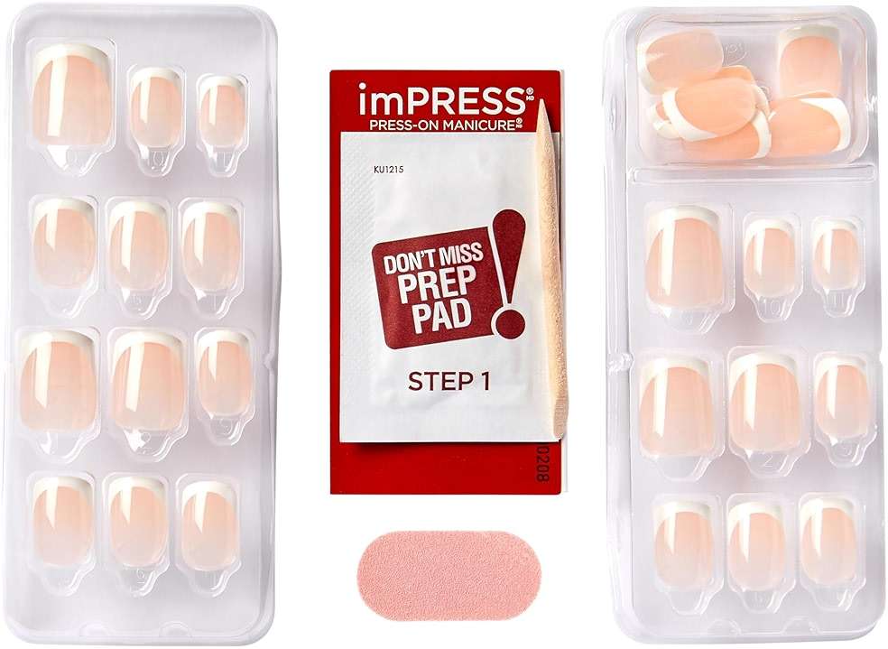 Kiss Impress No Glue Mani Press On Nails, Model, Classic French Manicure Kit, 30 Light Neutral + White Tip, Short Squoval, With IMPROVED Adhesive, Includes Prep Pad, Manicure Stick & Mini File - Image 6