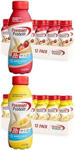 BUNDLE: Premier Protein Shake, Strawberries & Cream (12 Pack) + Bananas & Cream (12 Pack), 30g Protein, 11.5 Fl Oz (24 Shakes Total) - Image 1