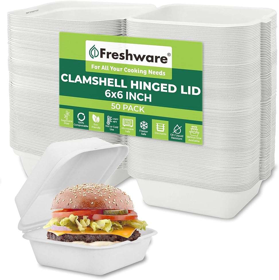 Freshware Compostable Clamshell Food Containers [6x6" 50-Pack], Biodegradable Sugarcane To Go Boxes - Heavy Duty Paper Containers - Microwave & Freezer Safe, Stackable - Image 1