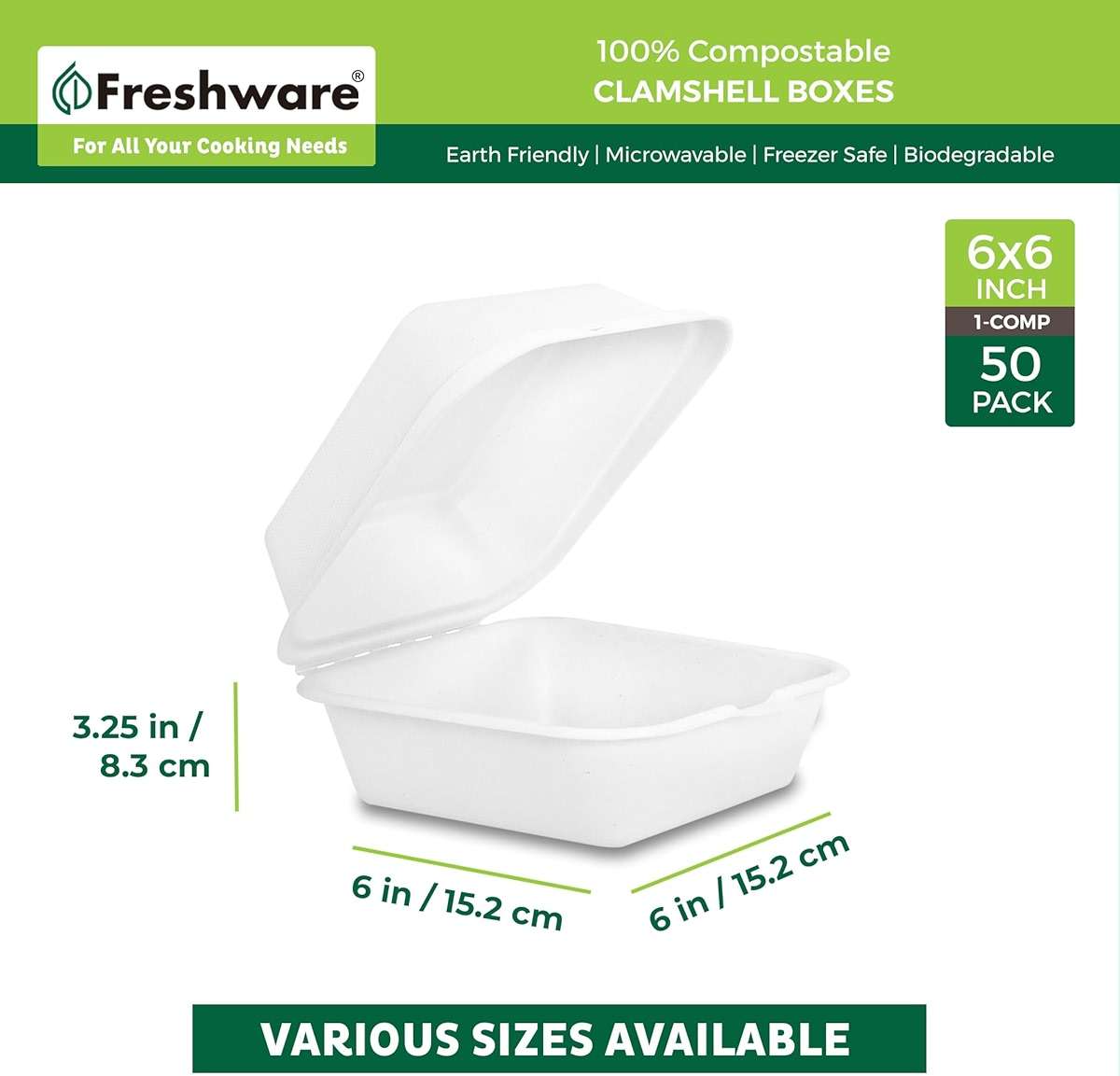Freshware Compostable Clamshell Food Containers [6x6" 50-Pack], Biodegradable Sugarcane To Go Boxes - Heavy Duty Paper Containers - Microwave & Freezer Safe, Stackable - Image 2