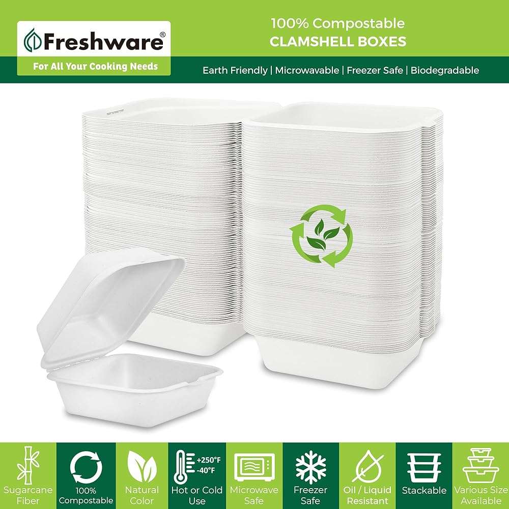 Freshware Compostable Clamshell Food Containers [6x6" 50-Pack], Biodegradable Sugarcane To Go Boxes - Heavy Duty Paper Containers - Microwave & Freezer Safe, Stackable - Image 3