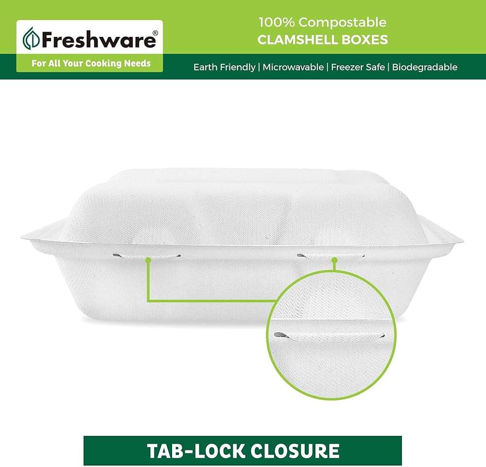Freshware Compostable Clamshell Food Containers [6x6" 50-Pack], Biodegradable Sugarcane To Go Boxes - Heavy Duty Paper Containers - Microwave & Freezer Safe, Stackable - Image 4