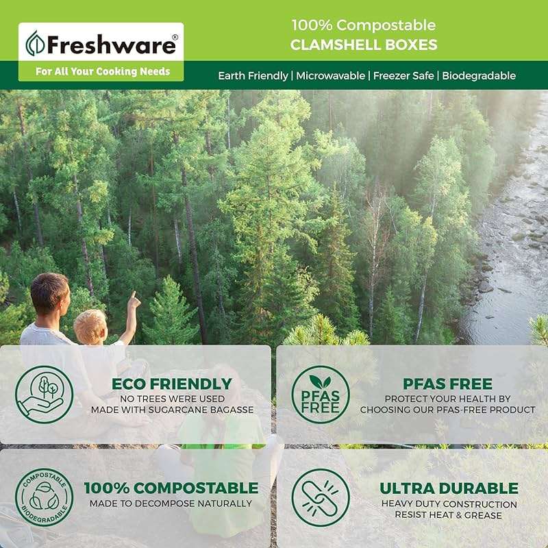 Freshware Compostable Clamshell Food Containers [6x6" 50-Pack], Biodegradable Sugarcane To Go Boxes - Heavy Duty Paper Containers - Microwave & Freezer Safe, Stackable - Image 6