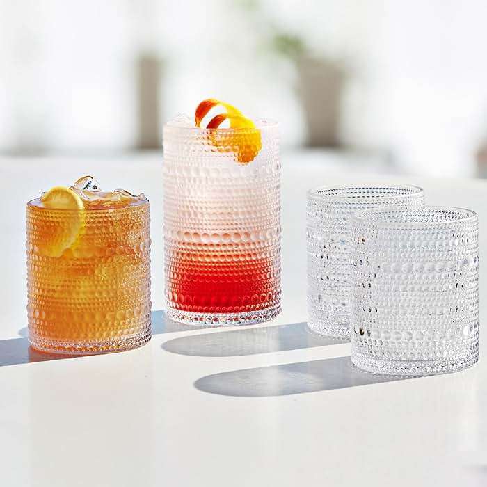 FULGNU Hobnail Drinking Glasses Set of 12, 11.8 oz Vintage Glasses Drinking Set & 10 oz Cocktail Glasses Set, Embossed Glass Cups for Kitchen, Beer, Juice, Cocktail, Whiskey, Milk - Image 2