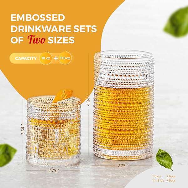 FULGNU Hobnail Drinking Glasses Set of 12, 11.8 oz Vintage Glasses Drinking Set & 10 oz Cocktail Glasses Set, Embossed Glass Cups for Kitchen, Beer, Juice, Cocktail, Whiskey, Milk - Image 4