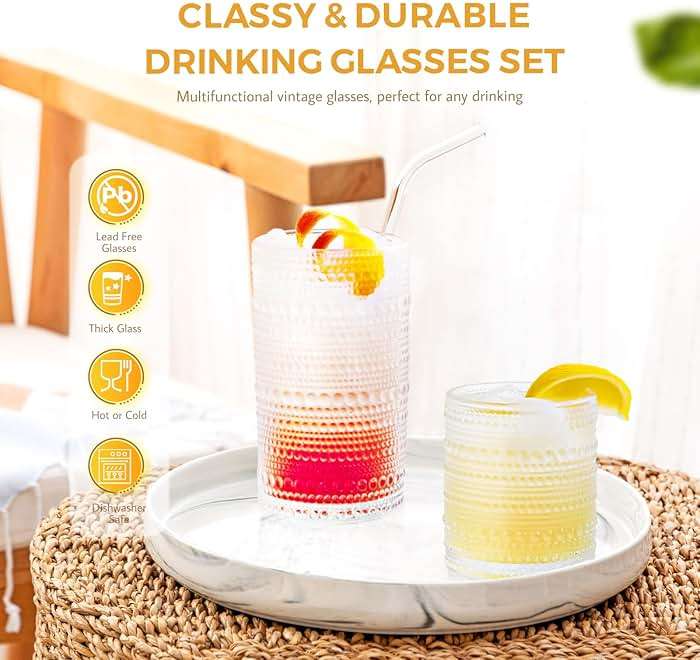 FULGNU Hobnail Drinking Glasses Set of 12, 11.8 oz Vintage Glasses Drinking Set & 10 oz Cocktail Glasses Set, Embossed Glass Cups for Kitchen, Beer, Juice, Cocktail, Whiskey, Milk - Image 5