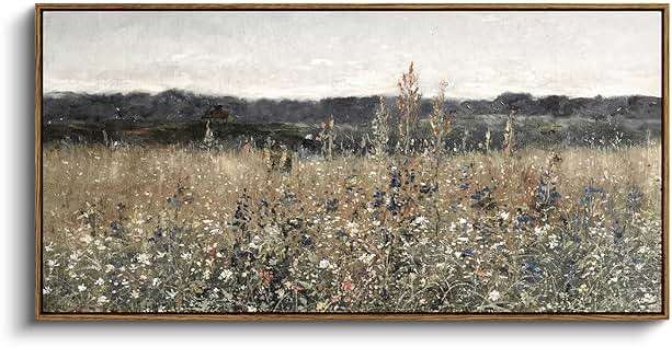 InSimSea Extra Large Framed Vintage Wall Art, Living Room Country Farmhouse Decor, Flower Meadow Landscape Paintings, Canvas Prints, Retro Scenery Long Pictures for Bedroom Above of Bed,20x40inch - Image 1