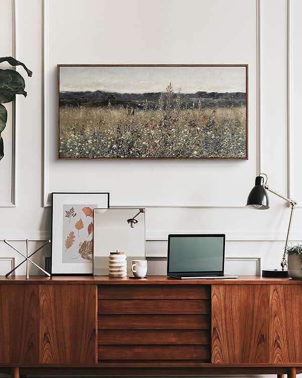 InSimSea Extra Large Framed Vintage Wall Art, Living Room Country Farmhouse Decor, Flower Meadow Landscape Paintings, Canvas Prints, Retro Scenery Long Pictures for Bedroom Above of Bed,20x40inch - Image 3