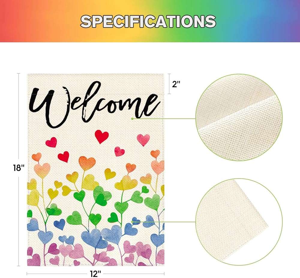 AVOIN colorlife Love Hearts Rainbow Pride Garden Flag 12x18 Inch Double Sided, LGBTQ+ Community Progress Equality Welcome Yard Outdoor Flag - Image 5