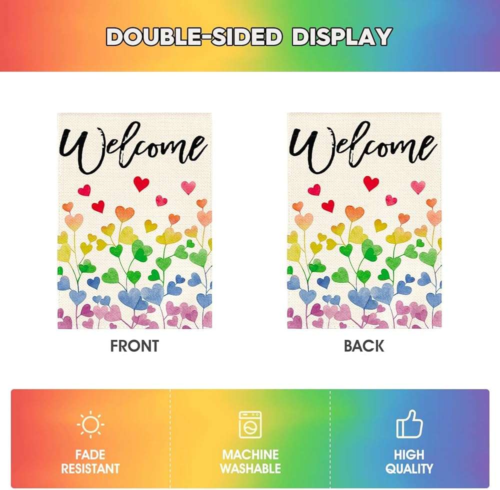 AVOIN colorlife Love Hearts Rainbow Pride Garden Flag 12x18 Inch Double Sided, LGBTQ+ Community Progress Equality Welcome Yard Outdoor Flag - Image 6