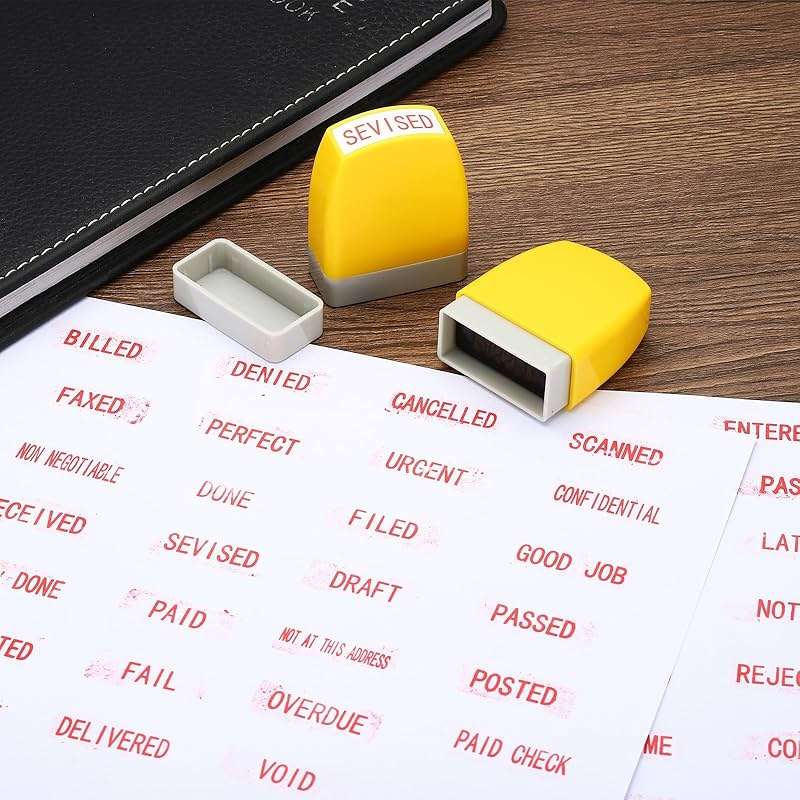 PATIKIL Scanned Notice Stamp Self Inking, Red Ink Office Stamps Pre Inked Message Stamp Refillable Business Stamp, Yellow - Image 2