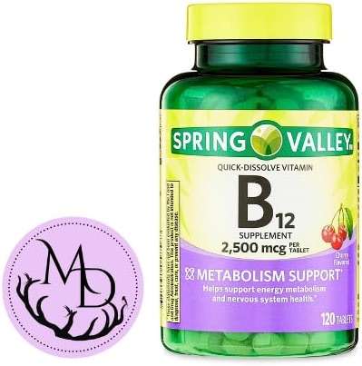 Generic Spring Valley, Vitamin B12 2500 mcg, B12 Quick-Dissolve Cherry Flavor Tablets Dietary Supplement, Vitamin B12, 120 Count + DRI Store +Sticker - Image 1
