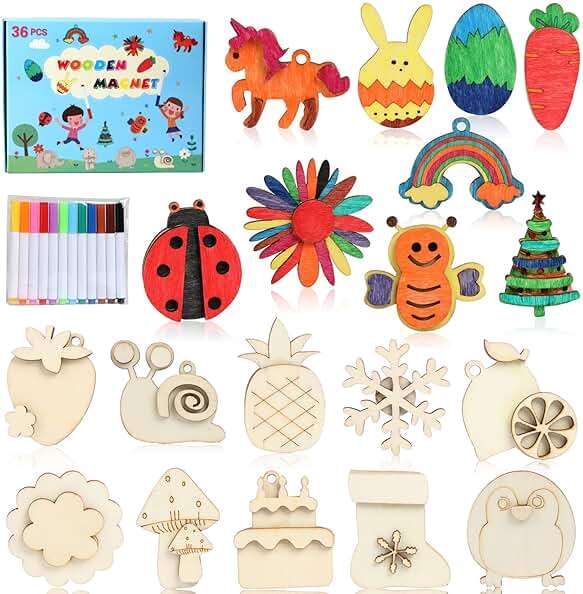 Worgree DIY Wooden Magnets, 36 pcs Wooden Art Craft Supplies Painting Kit for Kids Party Favors for Boys Girls Ages 4-8 8-12 Birthday Easter Crafts Gifts Toys Basket Goodie Bag Stuffers - Image 1