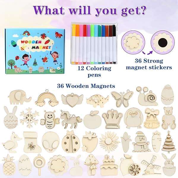 Worgree DIY Wooden Magnets, 36 pcs Wooden Art Craft Supplies Painting Kit for Kids Party Favors for Boys Girls Ages 4-8 8-12 Birthday Easter Crafts Gifts Toys Basket Goodie Bag Stuffers - Image 2