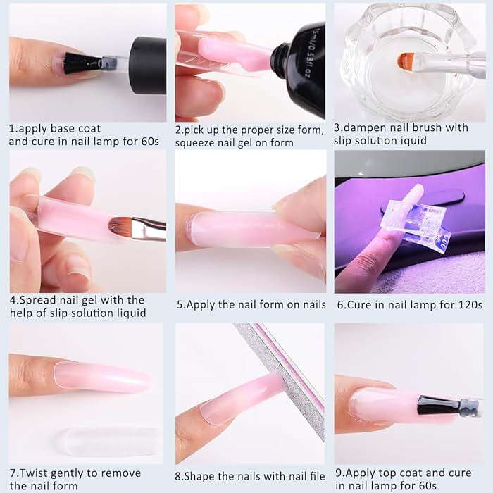Fcozpjk Poly Extension Gel Nail Kit, Clear White Pink With Slip Solution Dual Builder Nail Forms, Clips for Poly Gel, Starter Kit for Home Manicure Set, Nude - Image 4
