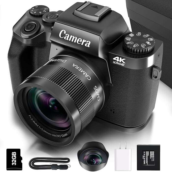 Saneen Digital Camera for Photography, 4K 64MP WiFi Touch Screen Vlogging Camera with Flash, 32GB Micro Card, Lens Hood, 3000mAH Battery, Front and Rear Cameras, 4″Big Screen, Hot Shoe Interface-Black - Image 1
