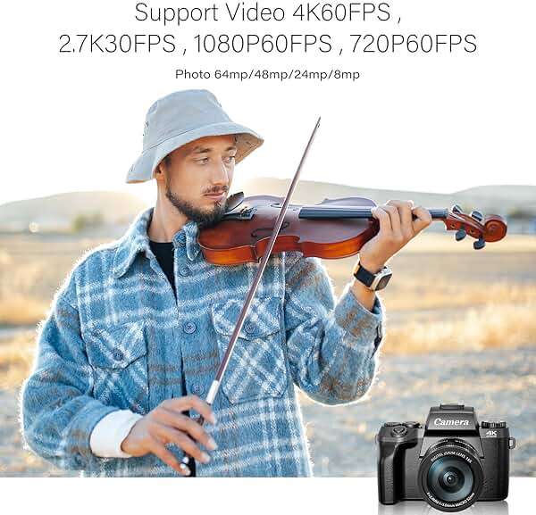Saneen Digital Camera for Photography, 4K 64MP WiFi Touch Screen Vlogging Camera with Flash, 32GB Micro Card, Lens Hood, 3000mAH Battery, Front and Rear Cameras, 4″Big Screen, Hot Shoe Interface-Black - Image 2