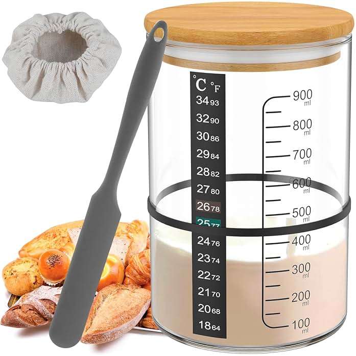 30.4oz Sourdough Starter Jar Kit, Reusable Sourdough Starter Jar, Easy DIY Breadmaking Kit with Thermometer, Silicone Scraper, Cloth Cover and Lid for Homemade Bread, 23.00 * 16.00 * 13.00cm, Clear - Image 1