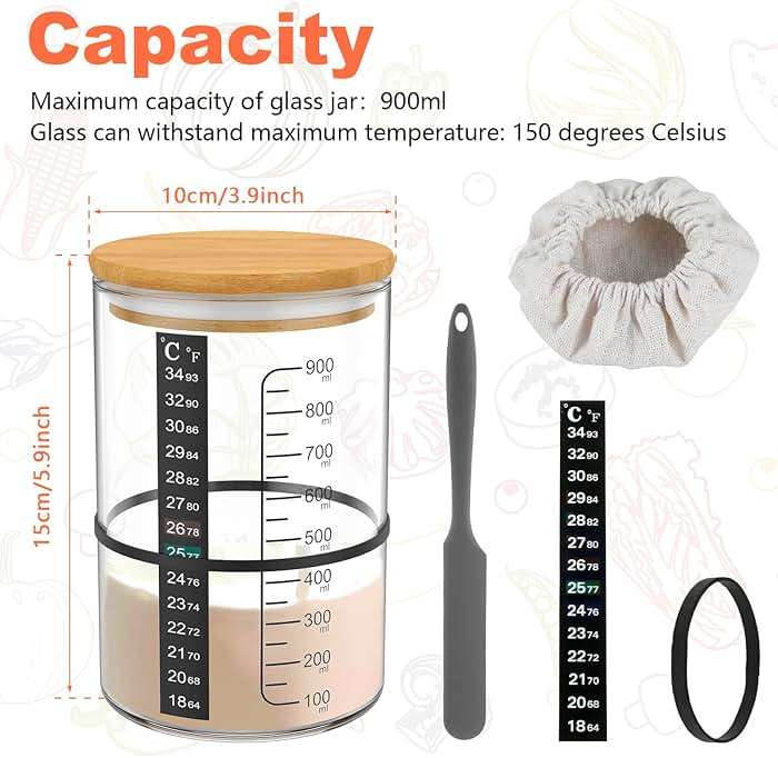 30.4oz Sourdough Starter Jar Kit, Reusable Sourdough Starter Jar, Easy DIY Breadmaking Kit with Thermometer, Silicone Scraper, Cloth Cover and Lid for Homemade Bread, 23.00 * 16.00 * 13.00cm, Clear - Image 3