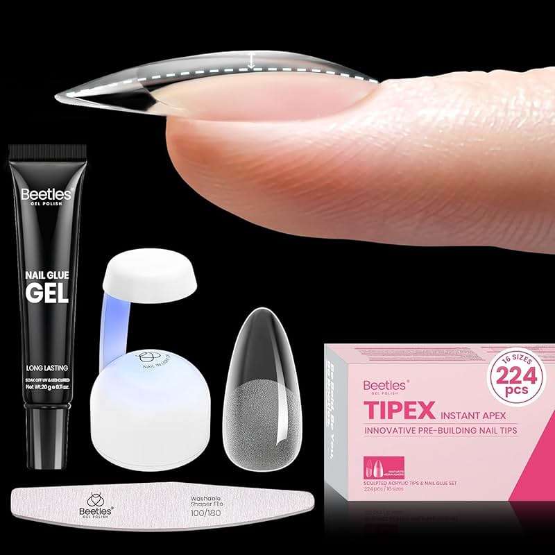 Beetles Tipex Instant Apex Nail Tips Kit, Medium Almond, 224PCS 16 Sizes 00-14, No Builder Gel Needed, 20g Solid Nail Glue, Mini UV Lamp - Image 1