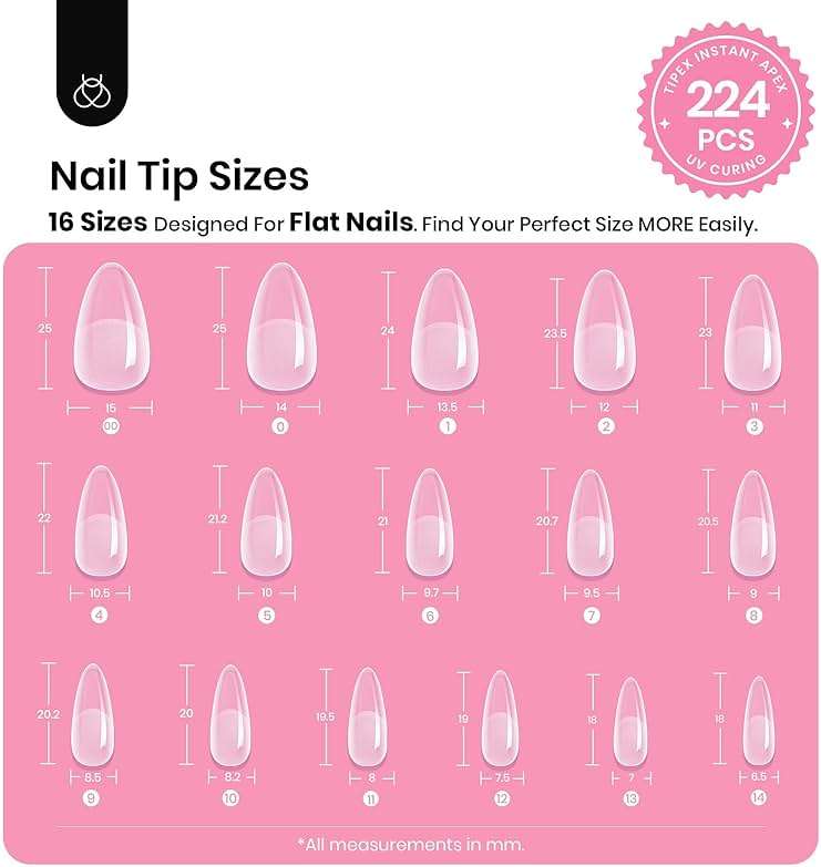 Beetles Tipex Instant Apex Nail Tips Kit, Medium Almond, 224PCS 16 Sizes 00-14, No Builder Gel Needed, 20g Solid Nail Glue, Mini UV Lamp - Image 3
