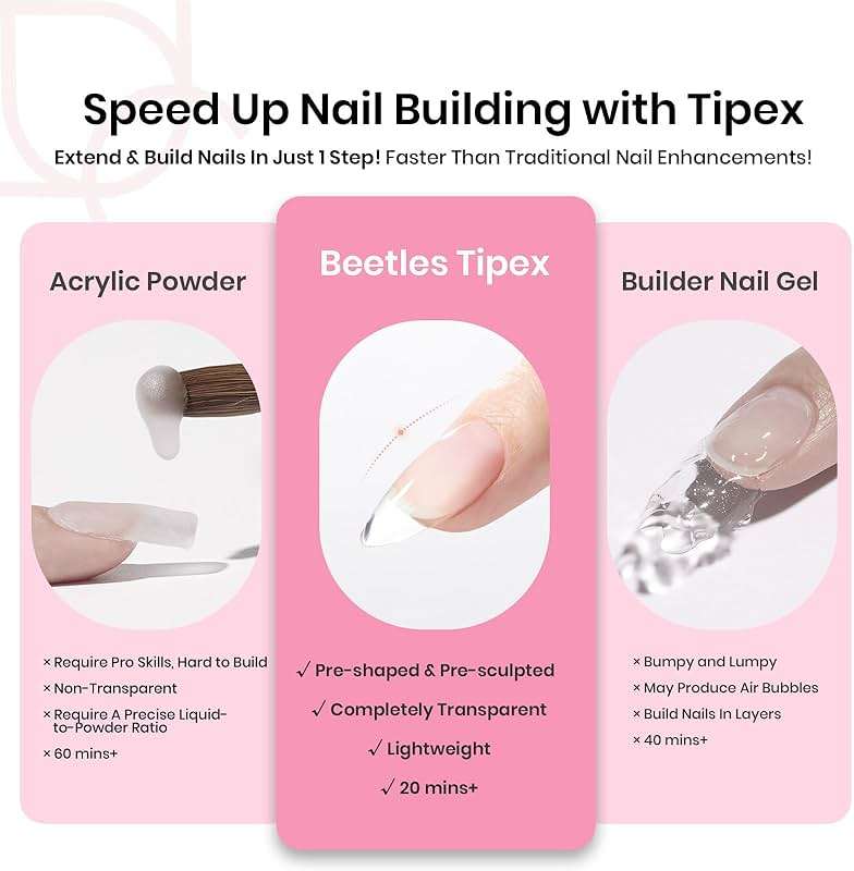Beetles Tipex Instant Apex Nail Tips Kit, Medium Almond, 224PCS 16 Sizes 00-14, No Builder Gel Needed, 20g Solid Nail Glue, Mini UV Lamp - Image 4