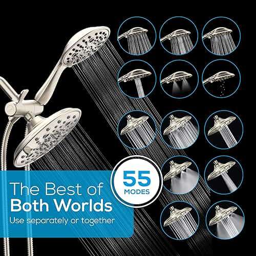 SparkPod Dual Shower Head - 8'' High Pressure 55-Mode Rain Shower Heads with Handheld Spray Combo - Rainfall, Handheld & Dual Mode - Easy Install 3-Way Showerhead with Hose & Holder (Brushed Nickel) - Image 2