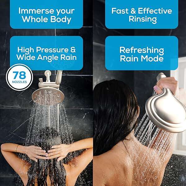SparkPod Dual Shower Head - 8'' High Pressure 55-Mode Rain Shower Heads with Handheld Spray Combo - Rainfall, Handheld & Dual Mode - Easy Install 3-Way Showerhead with Hose & Holder (Brushed Nickel) - Image 4