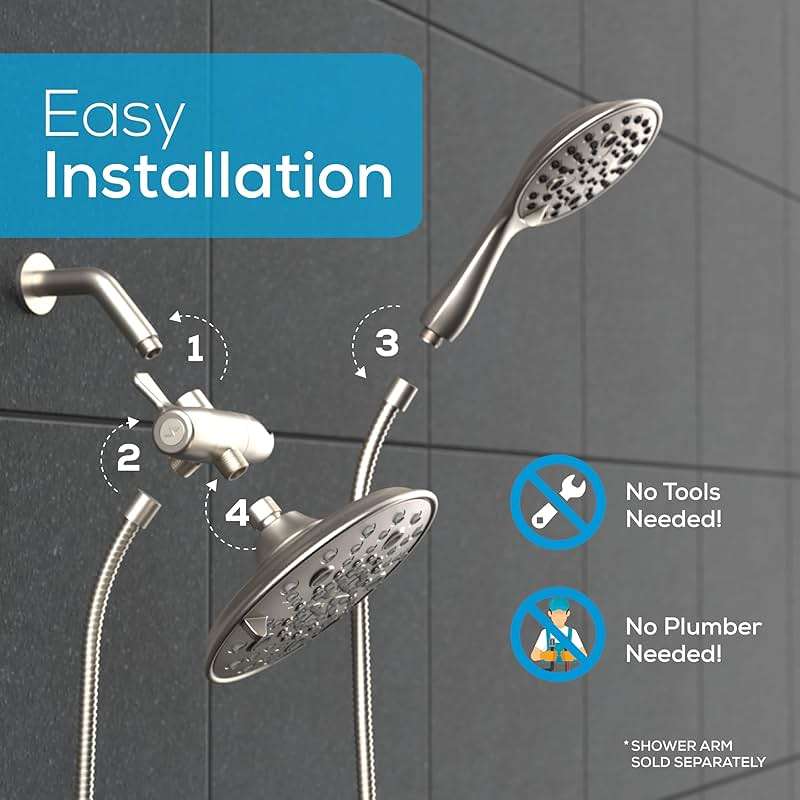 SparkPod Dual Shower Head - 8'' High Pressure 55-Mode Rain Shower Heads with Handheld Spray Combo - Rainfall, Handheld & Dual Mode - Easy Install 3-Way Showerhead with Hose & Holder (Brushed Nickel) - Image 5