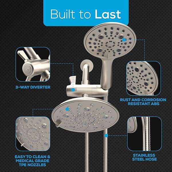 SparkPod Dual Shower Head - 8'' High Pressure 55-Mode Rain Shower Heads with Handheld Spray Combo - Rainfall, Handheld & Dual Mode - Easy Install 3-Way Showerhead with Hose & Holder (Brushed Nickel) - Image 6