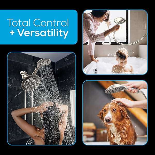SparkPod Dual Shower Head - 8'' High Pressure 55-Mode Rain Shower Heads with Handheld Spray Combo - Rainfall, Handheld & Dual Mode - Easy Install 3-Way Showerhead with Hose & Holder (Brushed Nickel) - Image 8