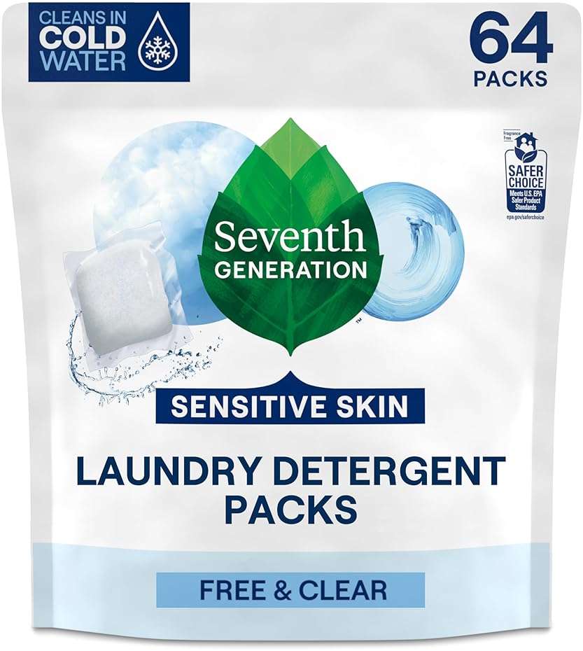 Seventh Generation Laundry Detergent Packs, Free & Clear, Made for Sensitive Skin, EPA Safer Choice Certified, 64 Count - Image 1