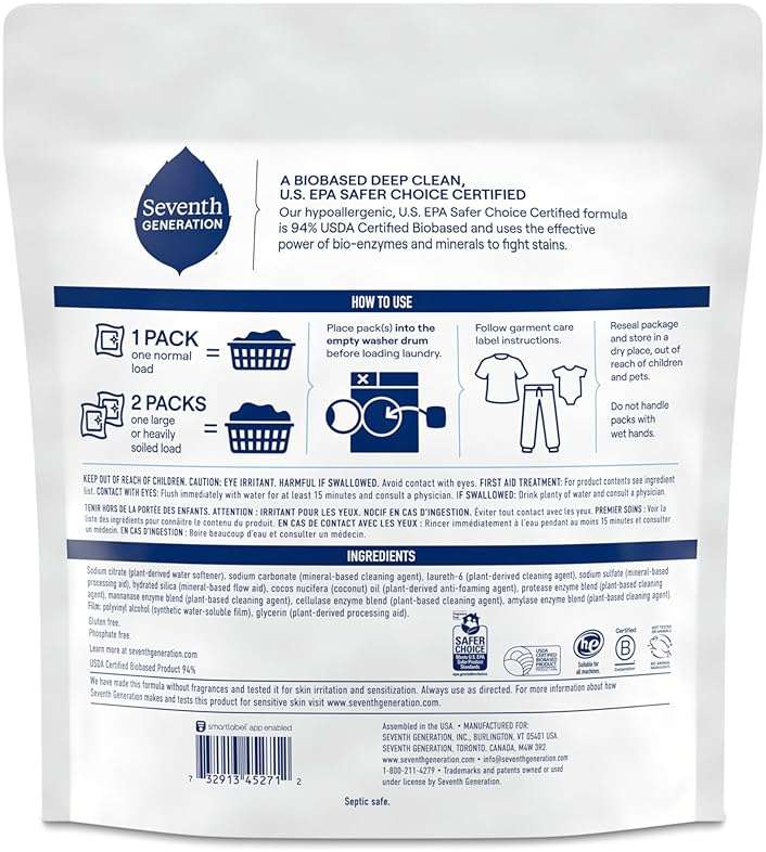 Seventh Generation Laundry Detergent Packs, Free & Clear, Made for Sensitive Skin, EPA Safer Choice Certified, 64 Count - Image 2