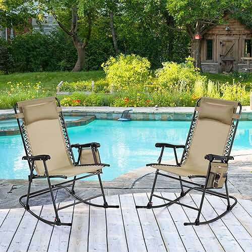Yaheetech 26in Rocking Chair Outdoor Zero Gravity Folding Chairs Rocking Chairs Foldable Outdoor Reclining Lounge Chair for Outside Lawn with Cupholder/Pillow Ergonomic Design for Rest, Beige - Image 2