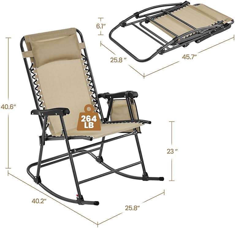 Yaheetech 26in Rocking Chair Outdoor Zero Gravity Folding Chairs Rocking Chairs Foldable Outdoor Reclining Lounge Chair for Outside Lawn with Cupholder/Pillow Ergonomic Design for Rest, Beige - Image 3