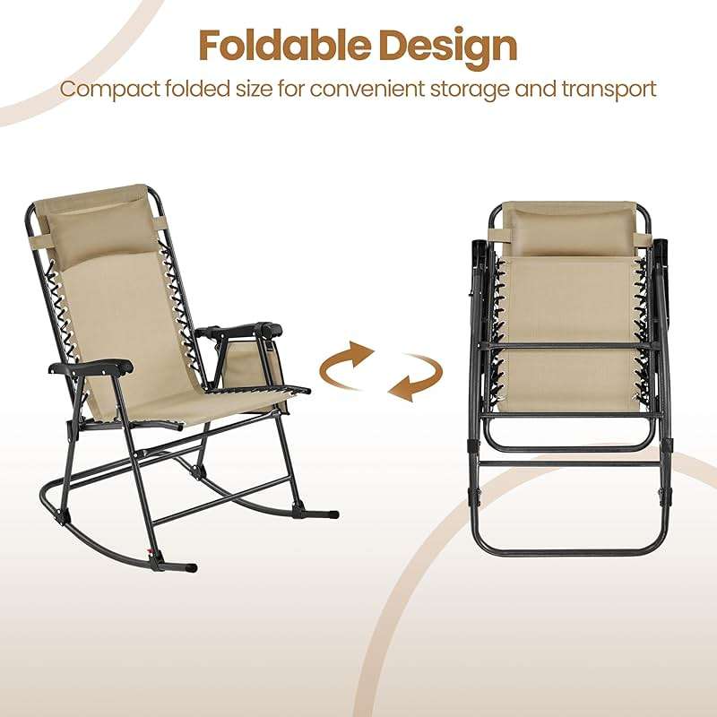Yaheetech 26in Rocking Chair Outdoor Zero Gravity Folding Chairs Rocking Chairs Foldable Outdoor Reclining Lounge Chair for Outside Lawn with Cupholder/Pillow Ergonomic Design for Rest, Beige - Image 6