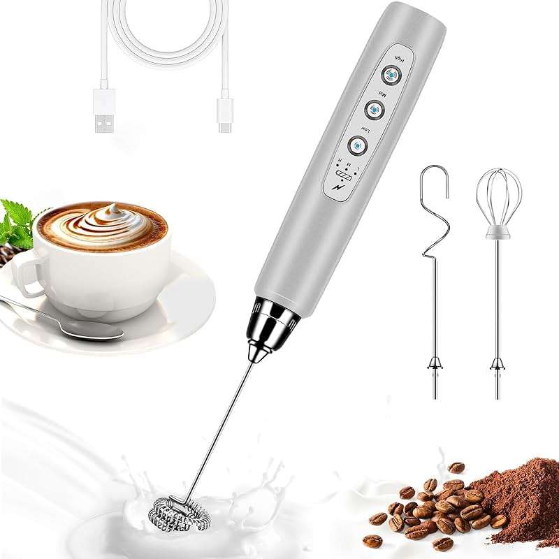 BSRGMS Milk Frother Handheld for Coffee, Electric Whisk 3 Speed Adjustable, Drink Mixer with Stainless 3 Whisks, Rechargeable Hand Frother Wand, Foam Maker for Latte Cappuccino Matcha Egg Silver - Image 1