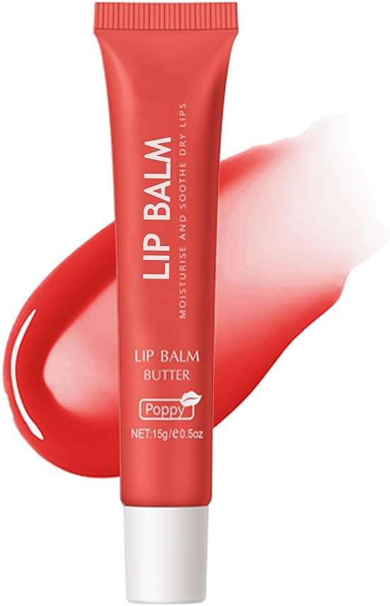 Lip Balm Butter Poppy, Hydrating Tinted Butter Lip Gloss,Clear Lip Mask Lip Care Moisturizer,Smooth Lip Treatment Balm,Yummy Glow Reviver Fat Lip Oil,Women's Mother's Day Makeup Gift for Women-04 - Image 1