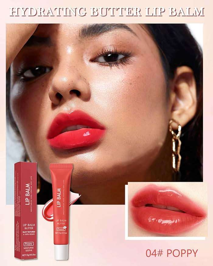 Lip Balm Butter Poppy, Hydrating Tinted Butter Lip Gloss,Clear Lip Mask Lip Care Moisturizer,Smooth Lip Treatment Balm,Yummy Glow Reviver Fat Lip Oil,Women's Mother's Day Makeup Gift for Women-04 - Image 3
