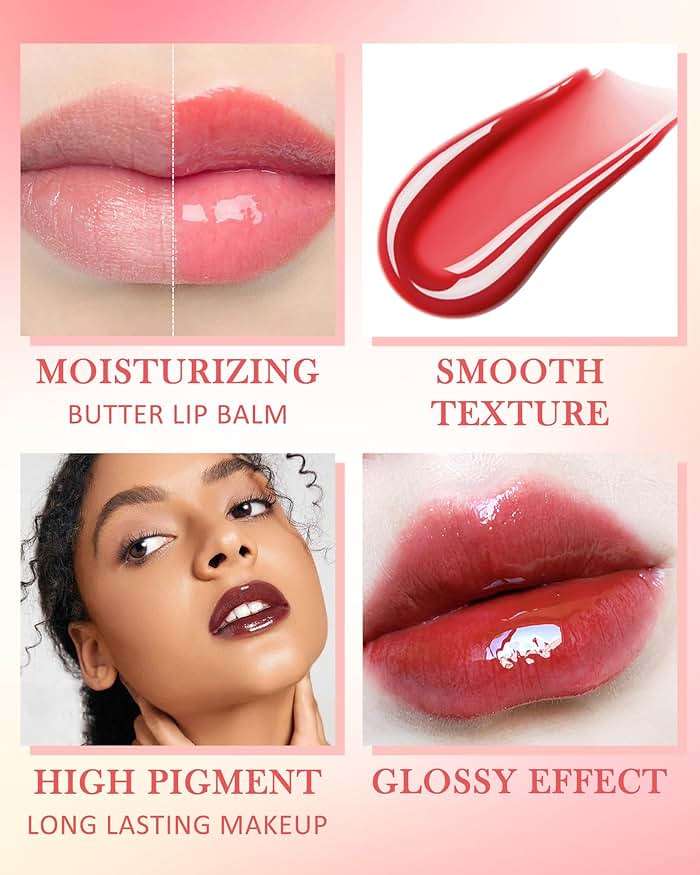 Lip Balm Butter Poppy, Hydrating Tinted Butter Lip Gloss,Clear Lip Mask Lip Care Moisturizer,Smooth Lip Treatment Balm,Yummy Glow Reviver Fat Lip Oil,Women's Mother's Day Makeup Gift for Women-04 - Image 4