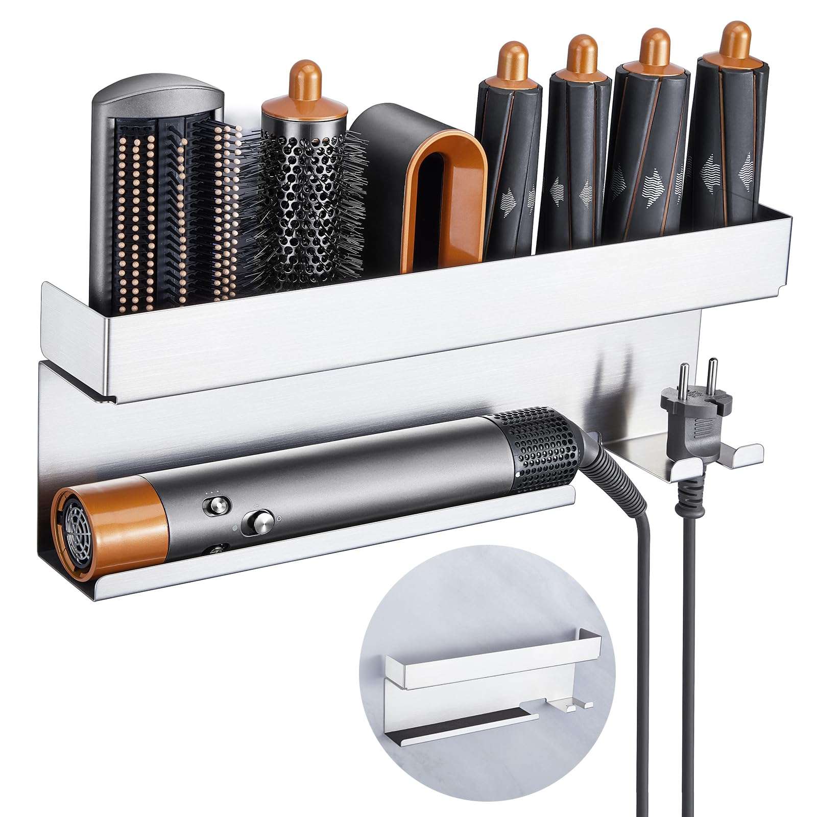 Storage Hair Dryer Holder for Curling Iron Wands Accessories, Hair Straightener Holder, Wall Mount Hair Tool Organizer for Styler Attachments, Curling Iron Holder Organizer for Bathroom, Silver - Image 1