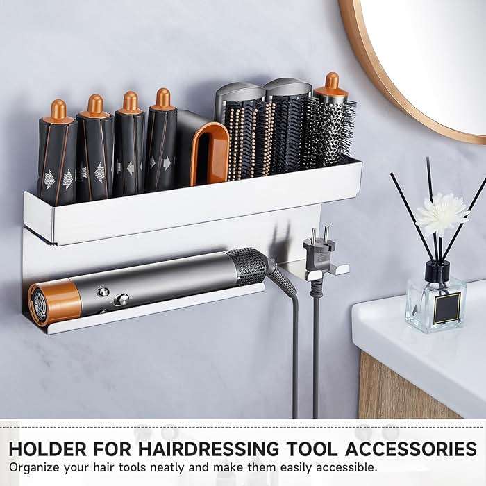 Storage Hair Dryer Holder for Curling Iron Wands Accessories, Hair Straightener Holder, Wall Mount Hair Tool Organizer for Styler Attachments, Curling Iron Holder Organizer for Bathroom, Silver - Image 2