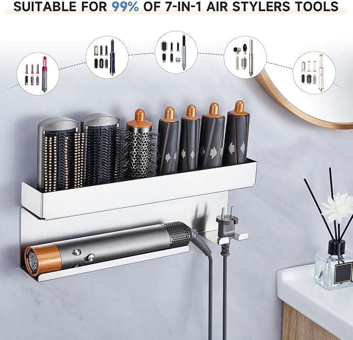Storage Hair Dryer Holder for Curling Iron Wands Accessories, Hair Straightener Holder, Wall Mount Hair Tool Organizer for Styler Attachments, Curling Iron Holder Organizer for Bathroom, Silver - Image 5