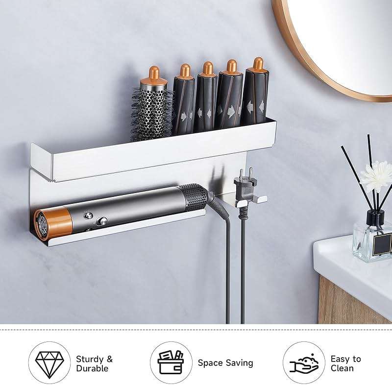 Storage Hair Dryer Holder for Curling Iron Wands Accessories, Hair Straightener Holder, Wall Mount Hair Tool Organizer for Styler Attachments, Curling Iron Holder Organizer for Bathroom, Silver - Image 7