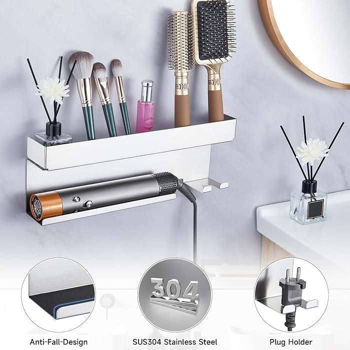 Storage Hair Dryer Holder for Curling Iron Wands Accessories, Hair Straightener Holder, Wall Mount Hair Tool Organizer for Styler Attachments, Curling Iron Holder Organizer for Bathroom, Silver - Image 8