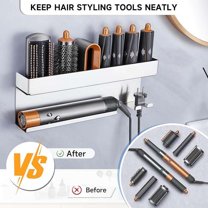 Storage Hair Dryer Holder for Curling Iron Wands Accessories, Hair Straightener Holder, Wall Mount Hair Tool Organizer for Styler Attachments, Curling Iron Holder Organizer for Bathroom, Silver - Image 9