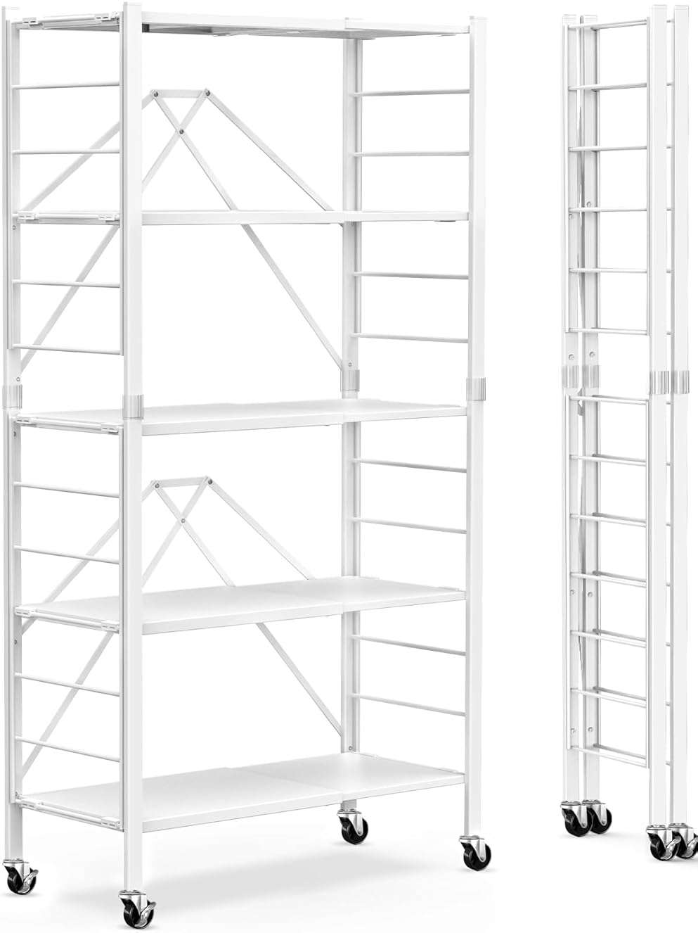 Himix 5 Tier Foldable Storage Shelves, Expandable Folding Pantry Shelf with Wheels, Changeable into 2 Shelf Units, Collapsible Storage Rack Metal Shelves for Kitchen, Room, Garage, White - Image 1