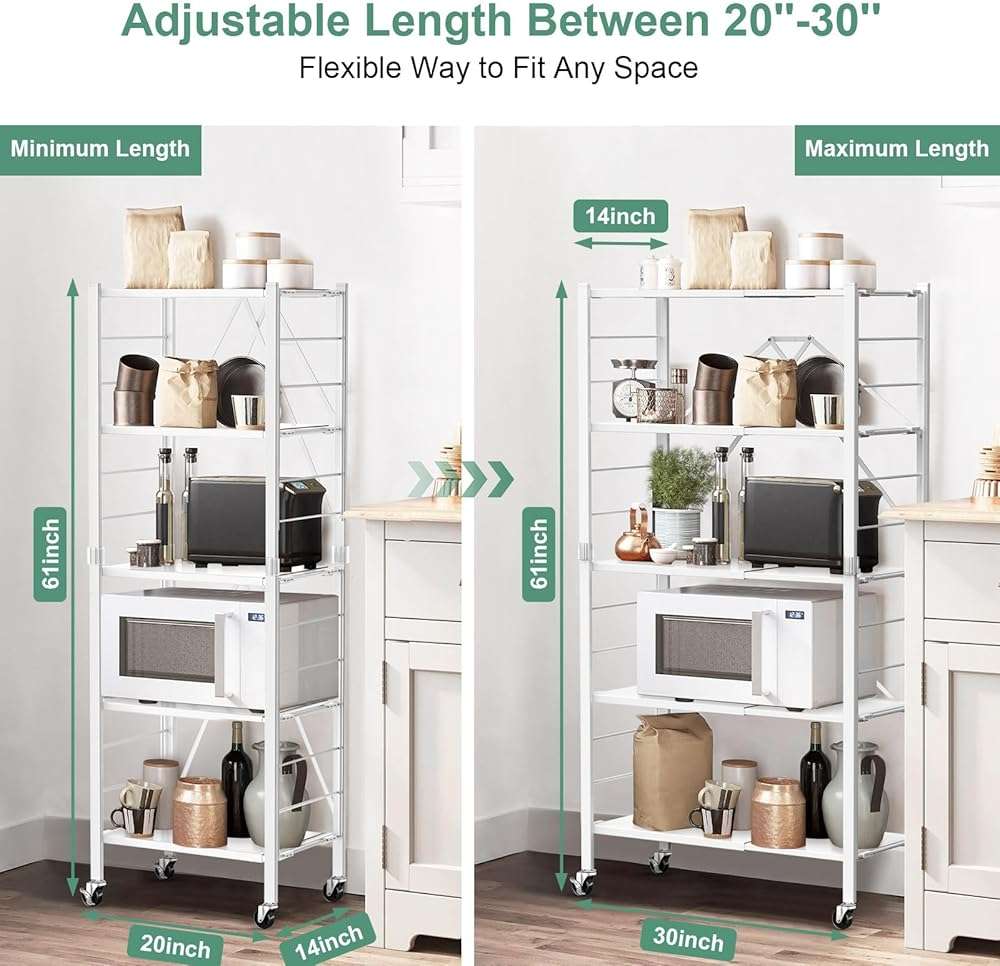 Himix 5 Tier Foldable Storage Shelves, Expandable Folding Pantry Shelf with Wheels, Changeable into 2 Shelf Units, Collapsible Storage Rack Metal Shelves for Kitchen, Room, Garage, White - Image 2