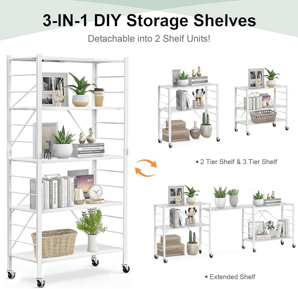 Himix 5 Tier Foldable Storage Shelves, Expandable Folding Pantry Shelf with Wheels, Changeable into 2 Shelf Units, Collapsible Storage Rack Metal Shelves for Kitchen, Room, Garage, White - Image 3